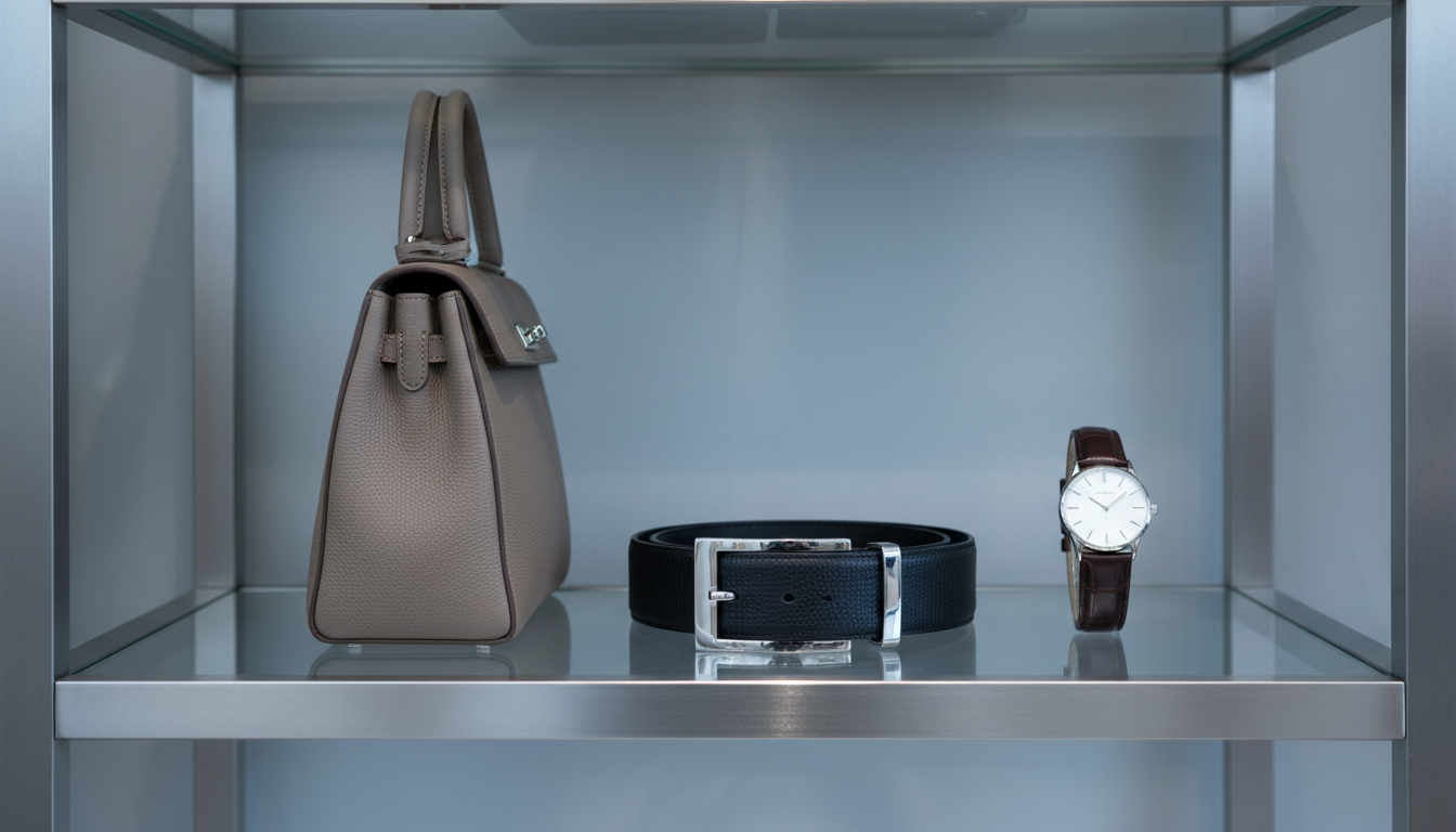 A meticulously arranged display of luxury accessories, featuring a sleek black leather designer belt with a polished silver buckle, an elegant Swiss-made watch with a glossy alligator leather strap and minimalist dial, and a structured calfskin handbag in soft taupe, each item distinctly detailed and exuding premium craftsmanship. Set atop a spotless glass display shelf within a boutique environment, brushed steel accents and muted grey back panels create a sense of understated sophistication. Even, cool-toned studio lighting washes over the items, producing crisp reflections and shadow gradients that enhance textures. The composition is eye-level, symmetrically balanced, and sharply focused to emphasize clarity and quality. The overall atmosphere is serene, orderly, and highly professional, epitomizing modern, photographic realism with a corporate, clean aesthetic perfect for a high-end retail site.